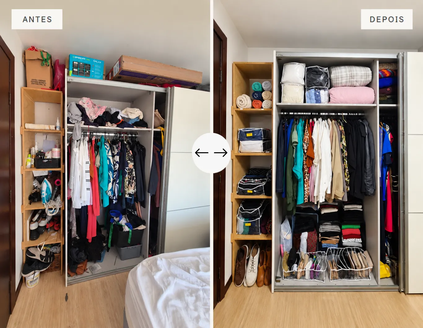 Antes e depois da organização de um guarda-roupa