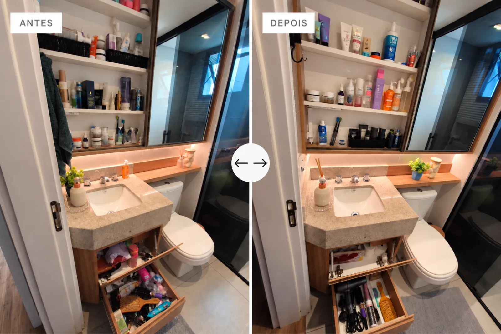 Antes e depois da organização de um banheiro