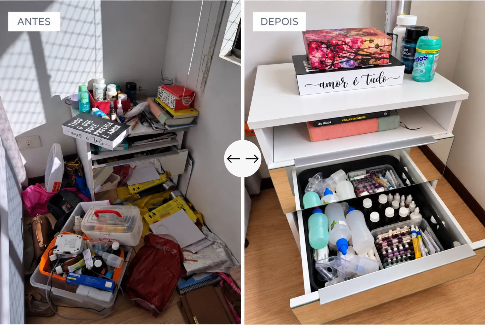 Antes e depois da organização de uma mesa de cabeceira